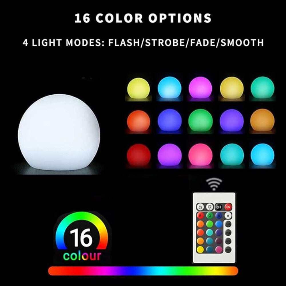 LED Glowing Ball Light, 8-Inch Cordless 16 Color Changing and 4 Light Modes Kids